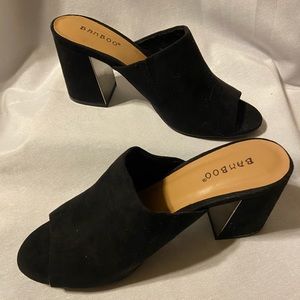 Bamboo Black Suede Peeptoe Clogs, New Without Box, Size 7.5